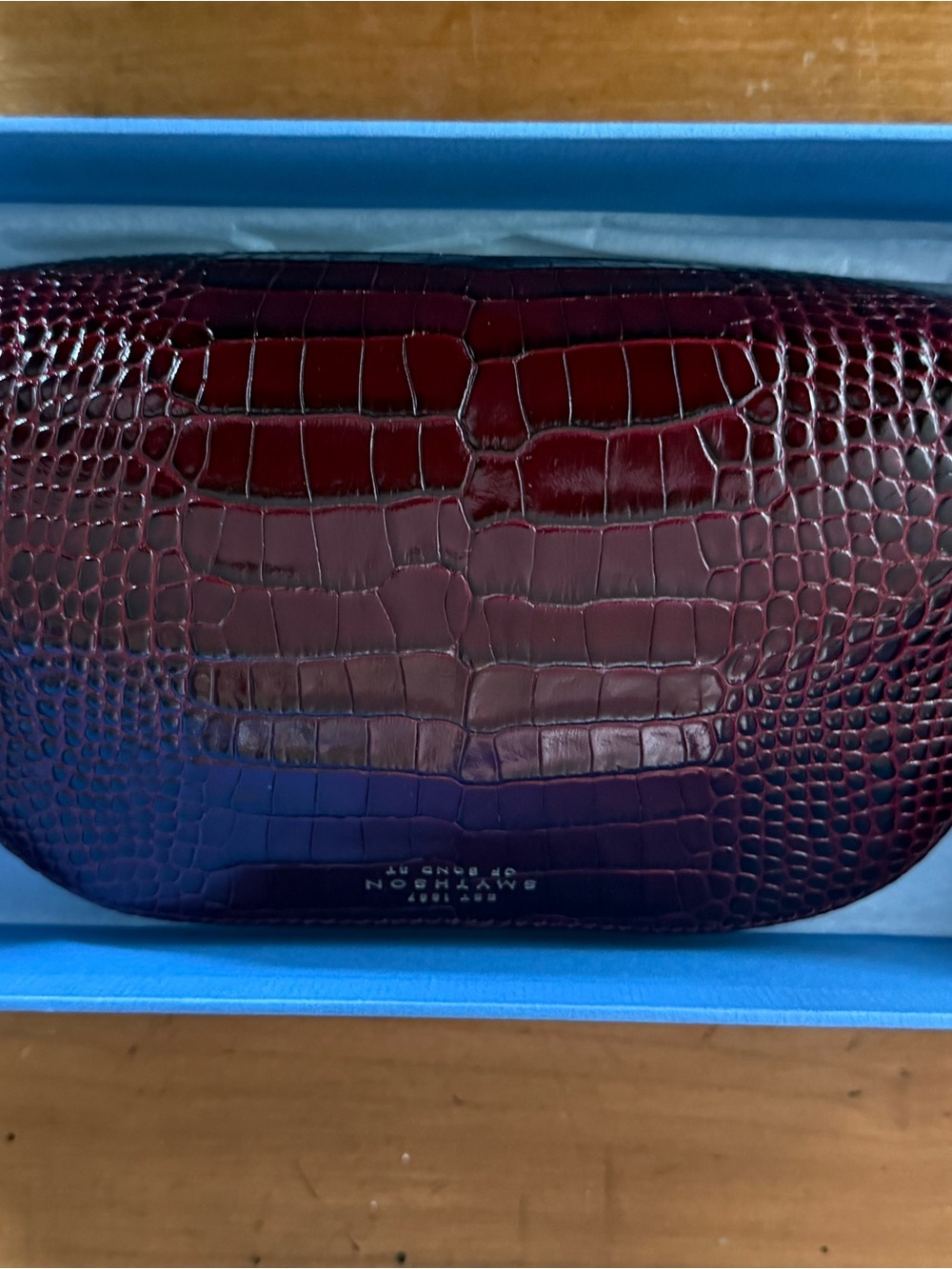 Smythson of Bond Street burgundy crocodile makeup case